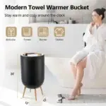 Electric towel warmer bucket with built in Bluetooth speaker and ambient light on a bathroom floor