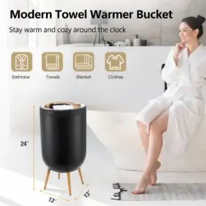 Electric towel warmer bucket with built in Bluetooth speaker and ambient light on a bathroom floor