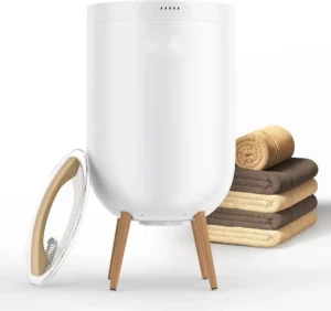 Heated towel bucket with Bluetooth speaker and ambient light placed in a modern bathroom