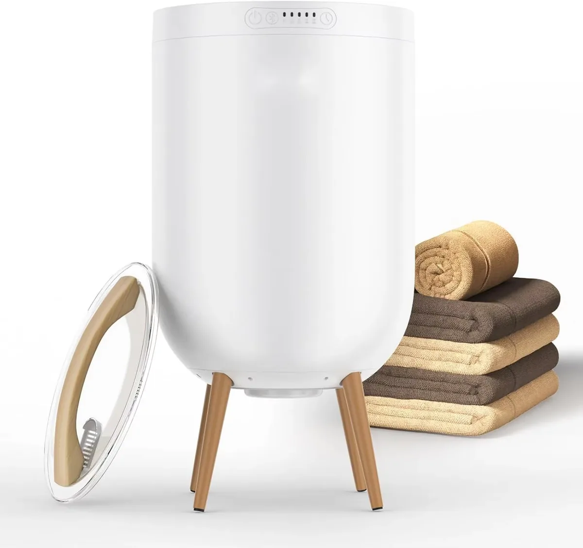 Heated towel bucket with Bluetooth speaker and ambient light placed in a modern bathroom
