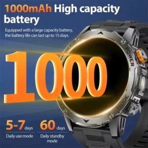Mens smartwatch with 1000mAh battery and Bluetooth call feature on dark background