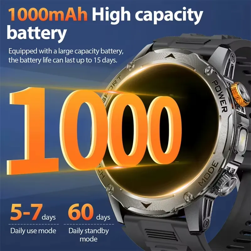 Mens smartwatch with 1000mAh battery and Bluetooth call feature on dark background