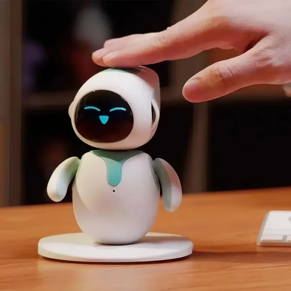AI emotional robot kids gift close up showing voice interaction detail and screen