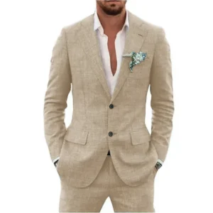Mens linen suit two piece formal notch lapel beach wedding tuxedo front view