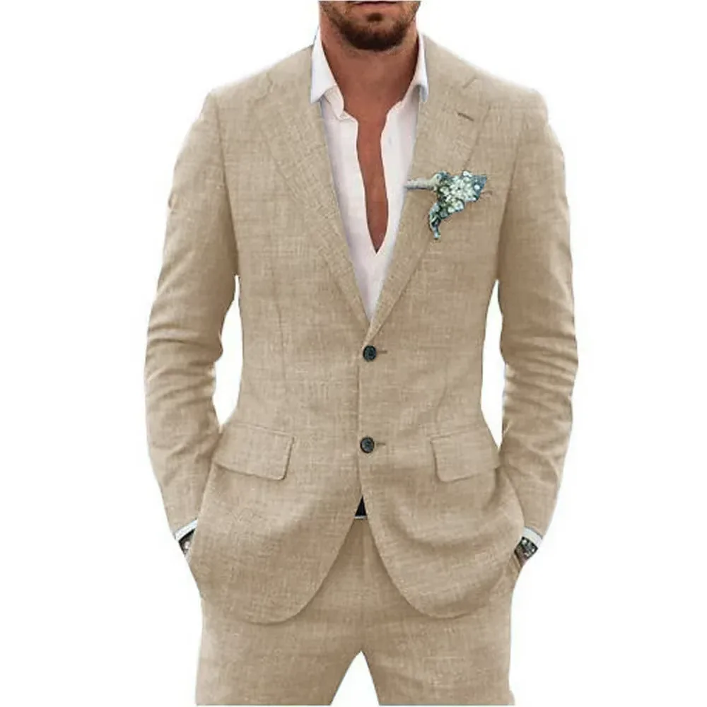 Mens linen suit two piece formal notch lapel beach wedding tuxedo front view
