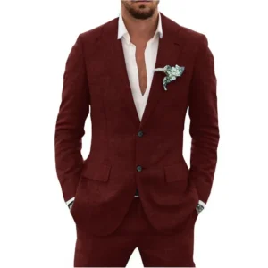 Linen mens suit single breasted elegant formal two piece set side view