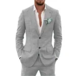 High quality linen suit mens wedding beach notch lapel jacket detail shot