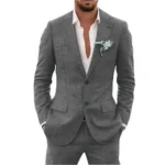 Mens two piece linen suit formal casual side profile view showing slim cut