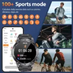 Smartwatch showing 1000mAh battery capacity and IP68 waterproof sensor detail