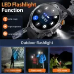 Mens smartwatch displaying Bluetooth call interface and sports fitness tracking modes
