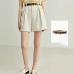 FSLE white high-waist casual shorts for women, front view with belt