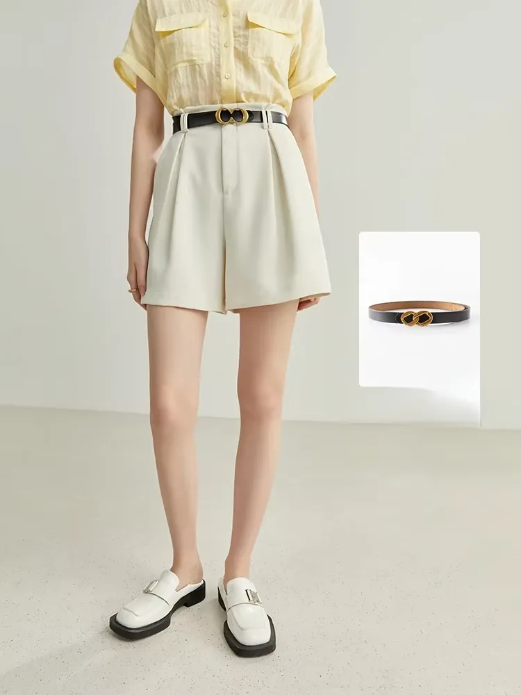FSLE white high-waist casual shorts for women, front view with belt