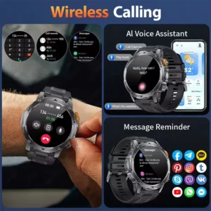 Mens smart watch side profile showing large screen and Bluetooth sports functionality