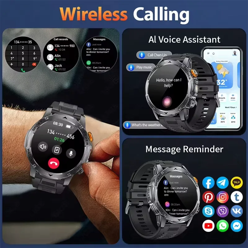 Mens smart watch side profile showing large screen and Bluetooth sports functionality