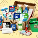 Household cleaning mystery box showing mop cloths and washing bucket from selection