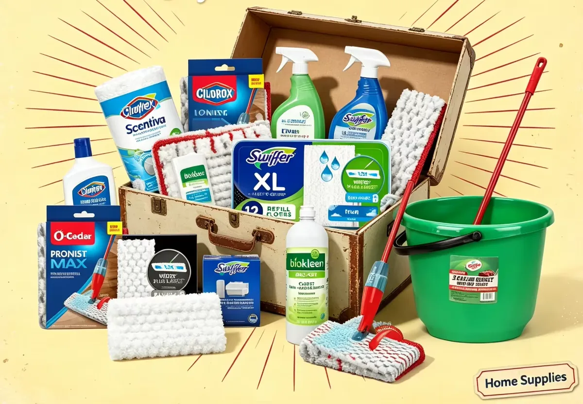 Household cleaning mystery box showing mop cloths and washing bucket from selection